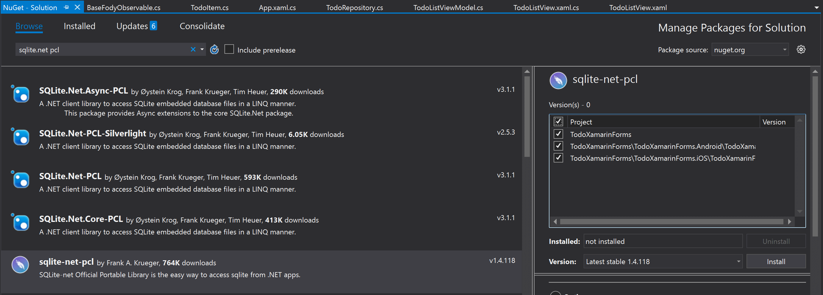 Install sqlite-net-pcs Package